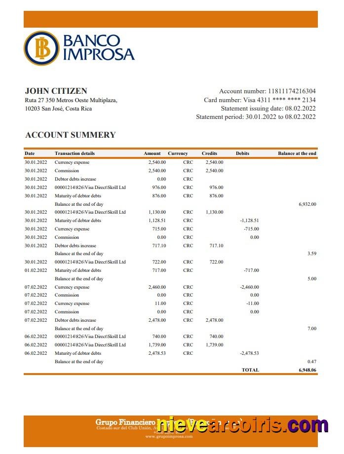 Costa Rica Banco Improsa bank statement xls
